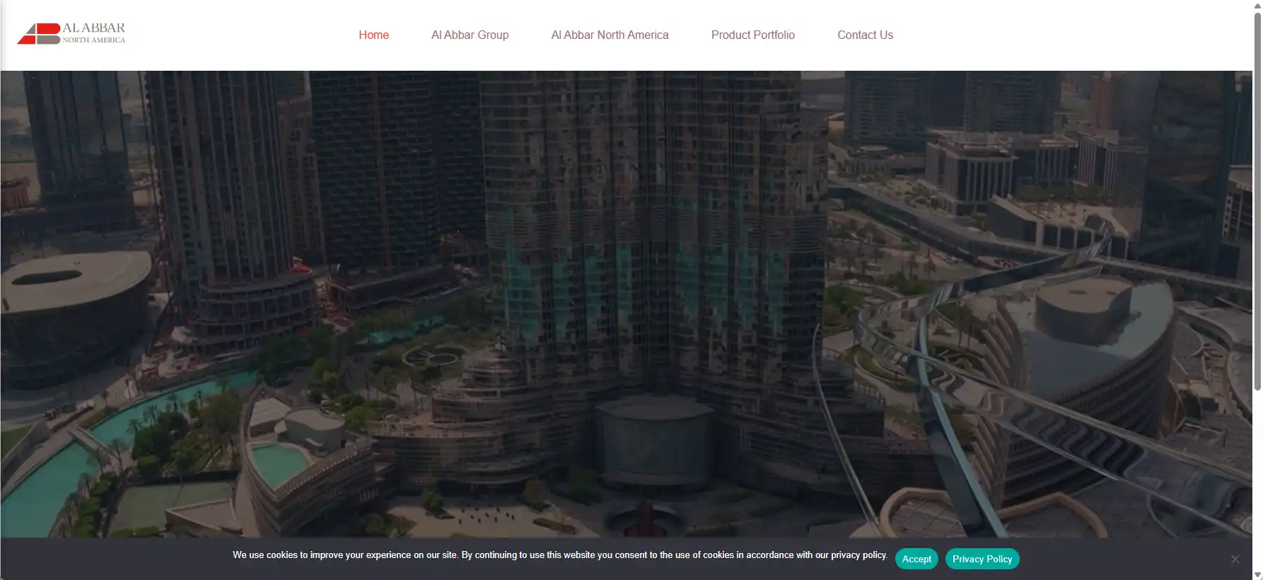 Al Abbar Group homepage featuring unitized curtain wall systems in Dubai.
