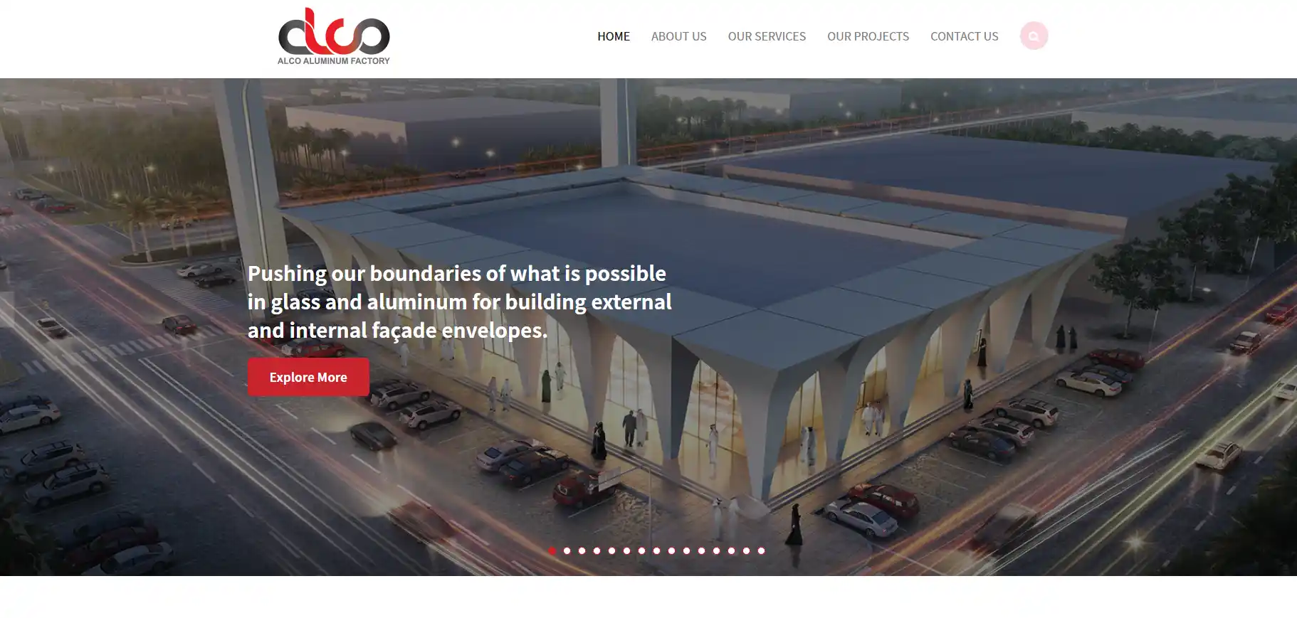 ALCO Techno homepage banner, illustrating their turnkey curtain wall glazing and facade engineering projects in Saudi Arabia.