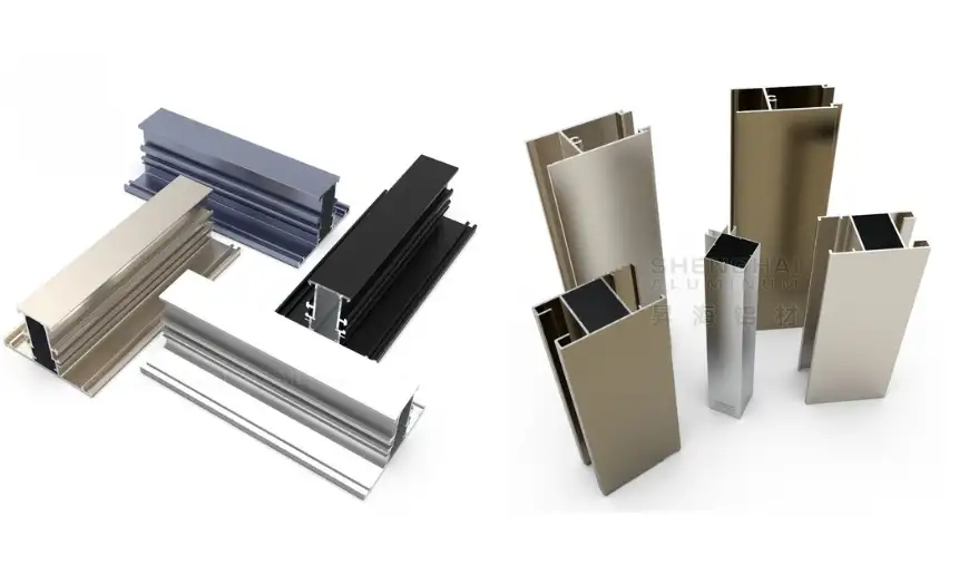 A variety of custom architectural aluminum profiles showcasing different anodized colors and premium surface treatments.