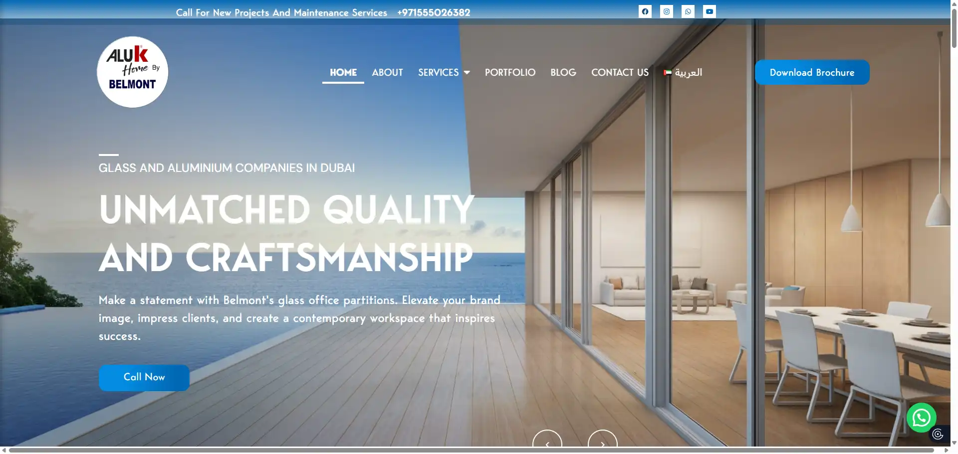 Belmont Windows website showcasing bespoke aluminum folding doors for residential villas.