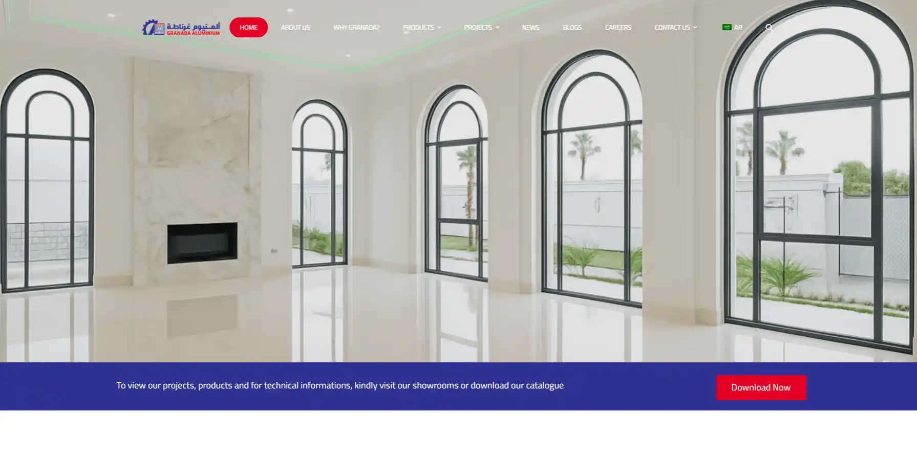 Granada Aluminium homepage banner, highlighting over 50 years of aluminum window manufacturing in Saudi Arabia.