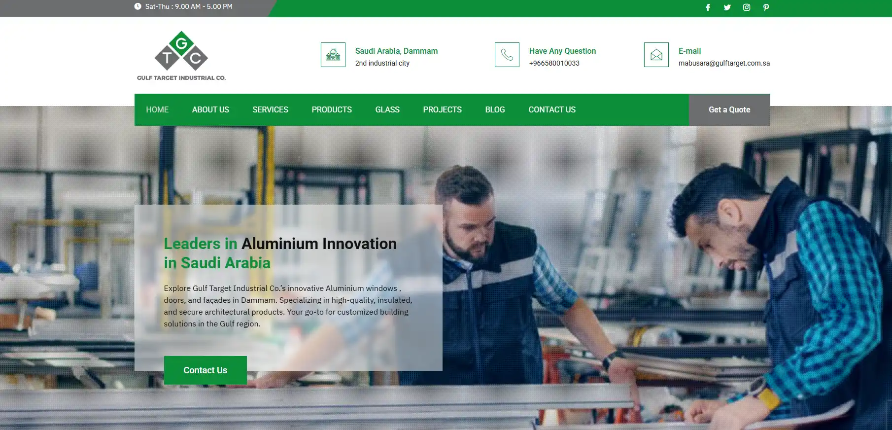 Gulf Target Industrial Co. homepage banner, a leading aluminum window and glass supplier in Dammam, KSA.