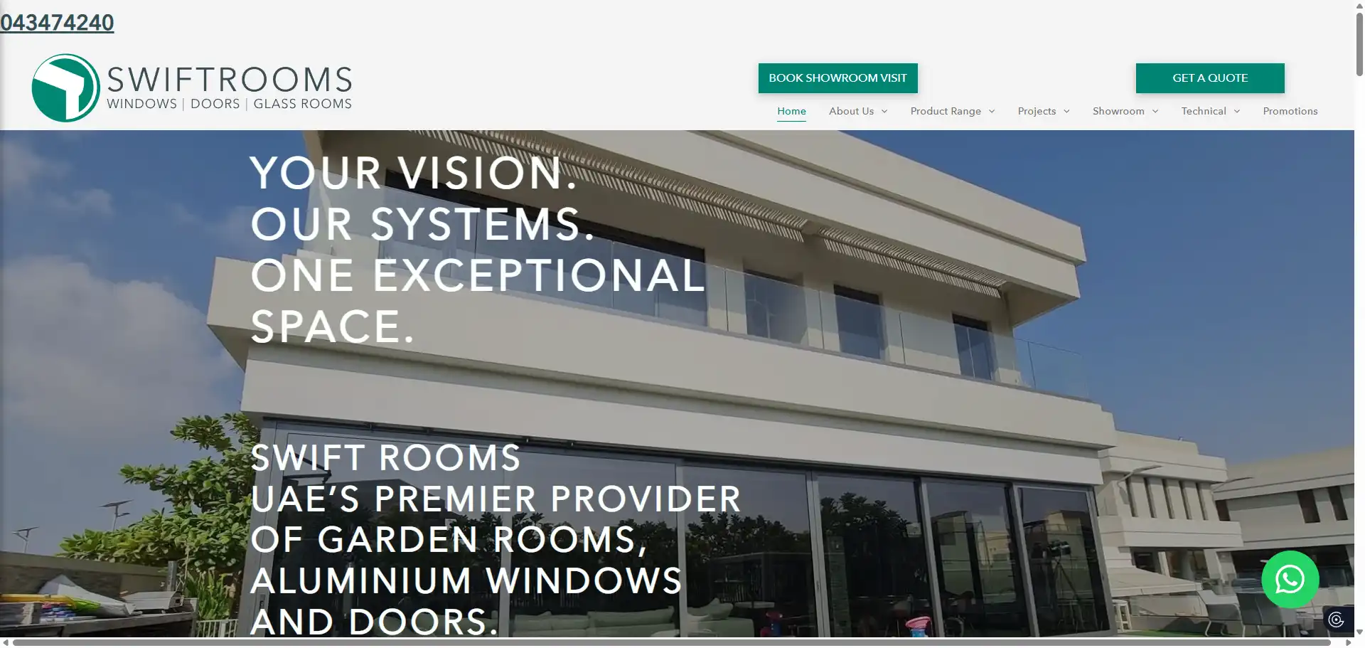 Swift Rooms website showcasing minimalist aluminum sliding doors for luxury villas.