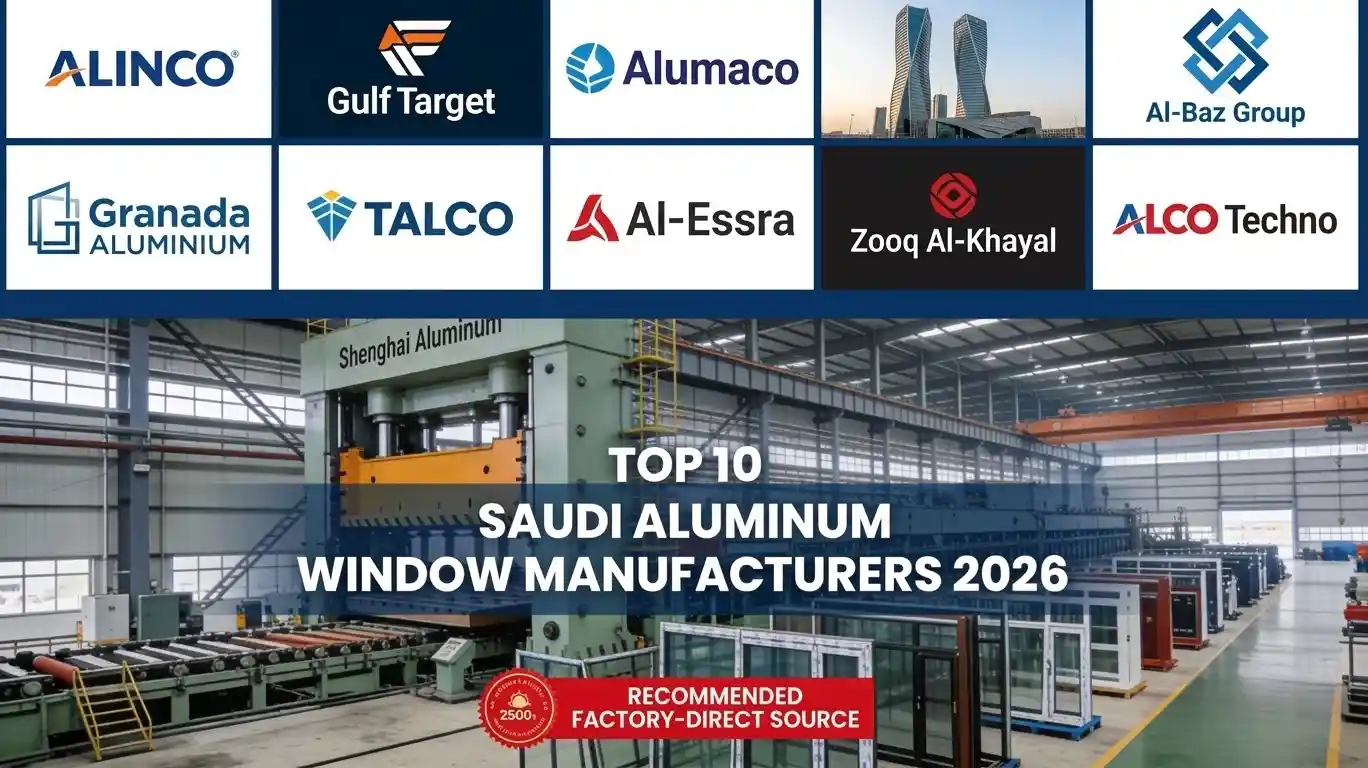 Comparison of top 10 aluminum window manufacturers in Saudi Arabia 2026 featuring ALINCO, TALCO, and Shenghai Aluminum factory-direct source.