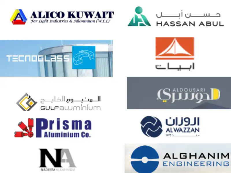 A grid of 10 logos for top aluminum window and door manufacturers in Kuwait, including Alico Kuwait, Hassan Abul, and Abyat. Architectural aluminum systems and facades directory.