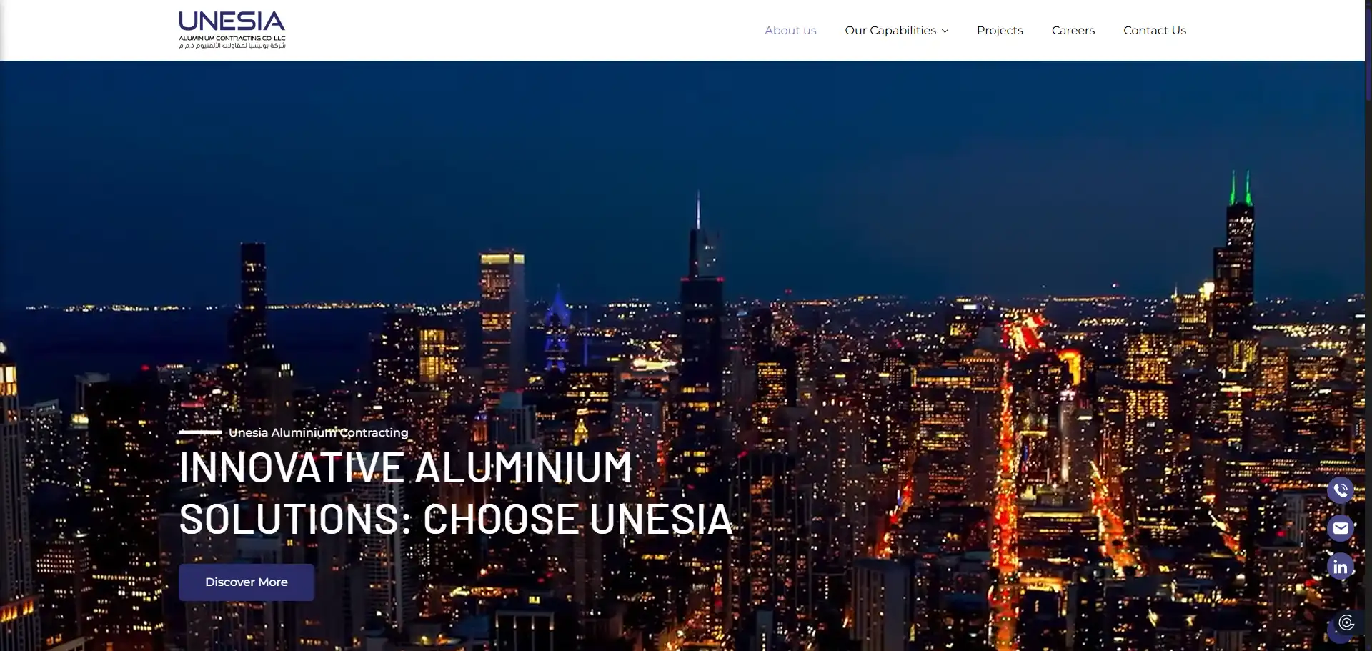 Unesia Aluminium homepage featuring high-performance thermally broken aluminum profiles.