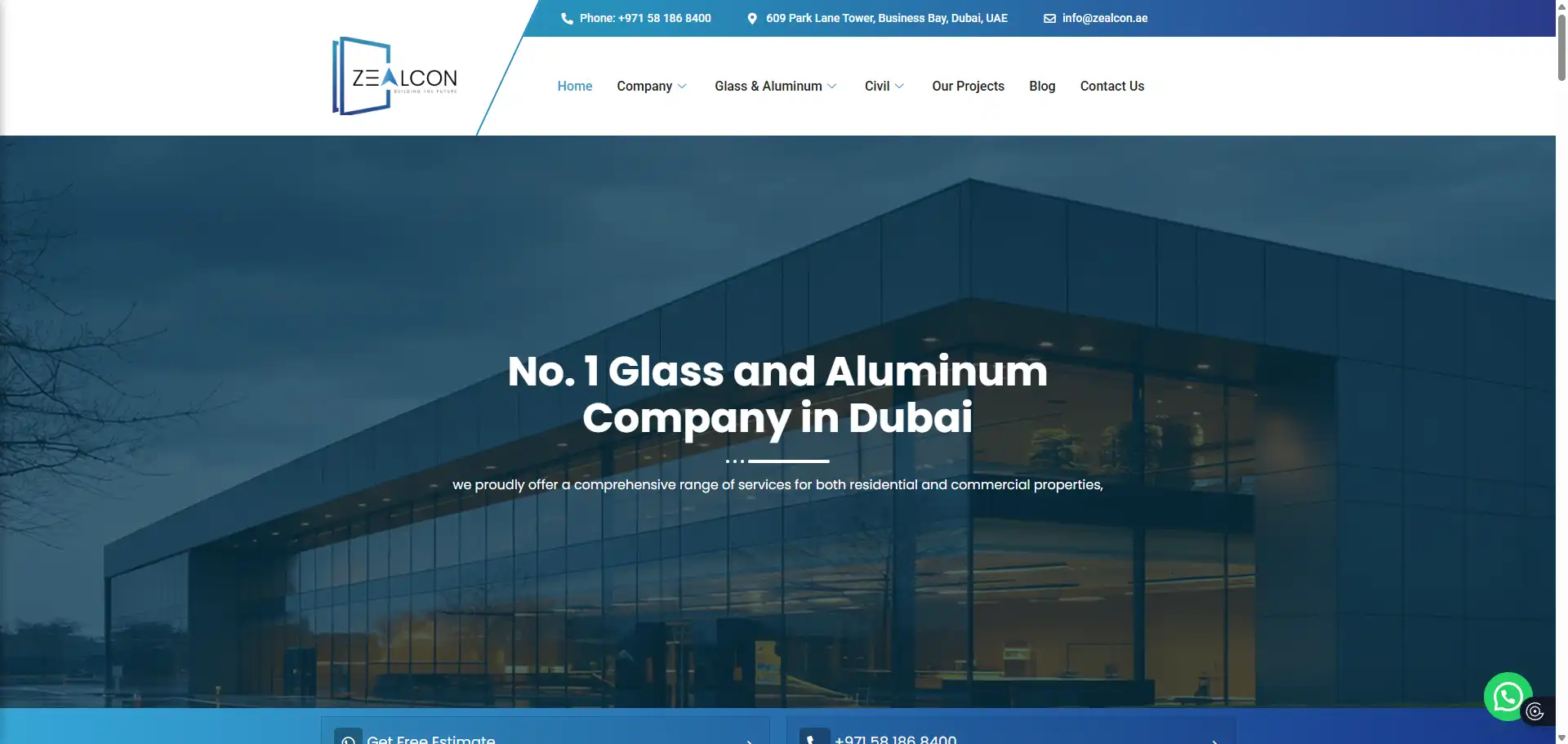 Zealcon Group homepage focusing on energy-efficient thermal break aluminum systems.