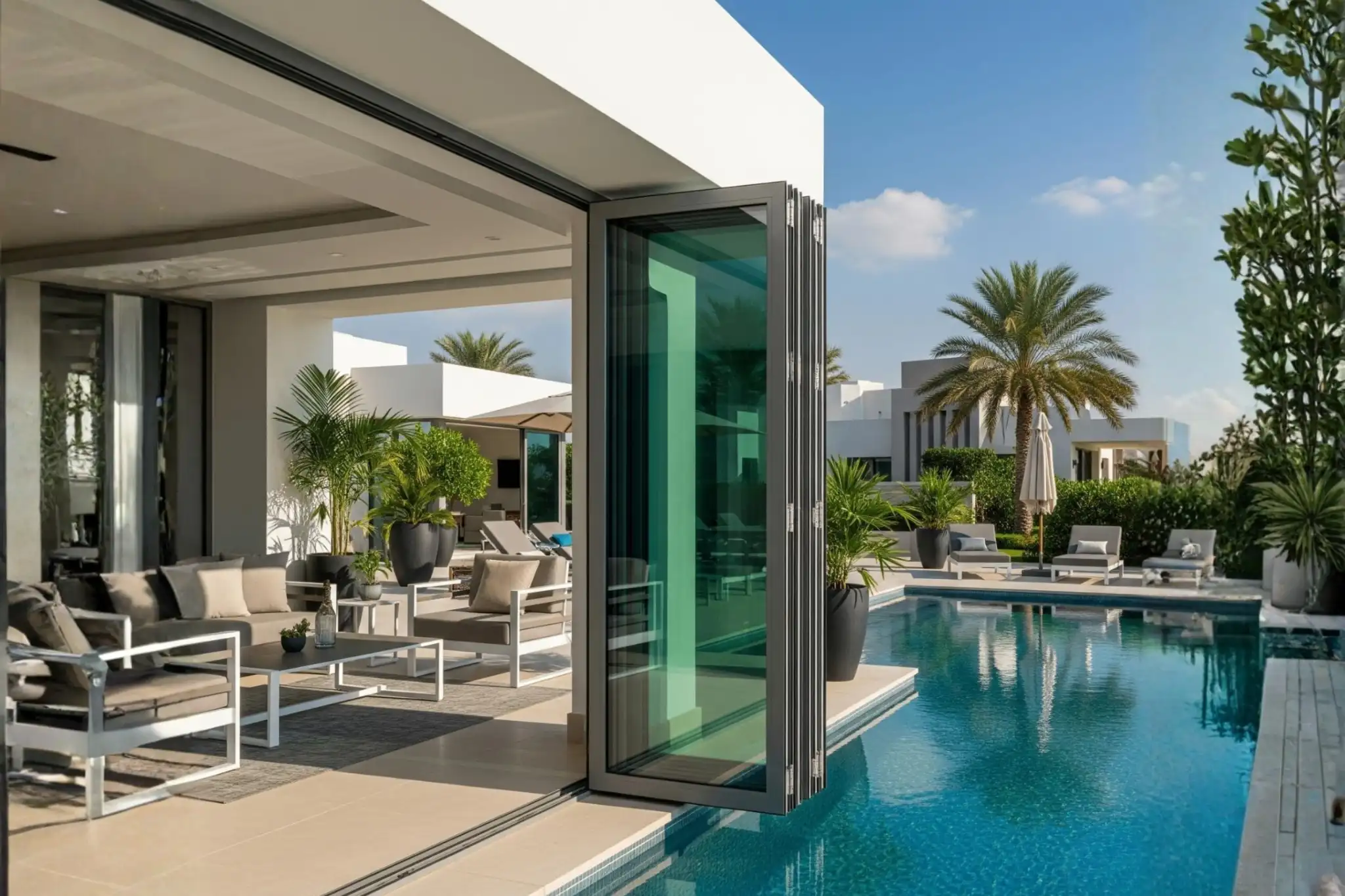 Bi fold glass door Dubai, full opening folding door, indoor outdoor living, luxury pool villa aluminum door UAE