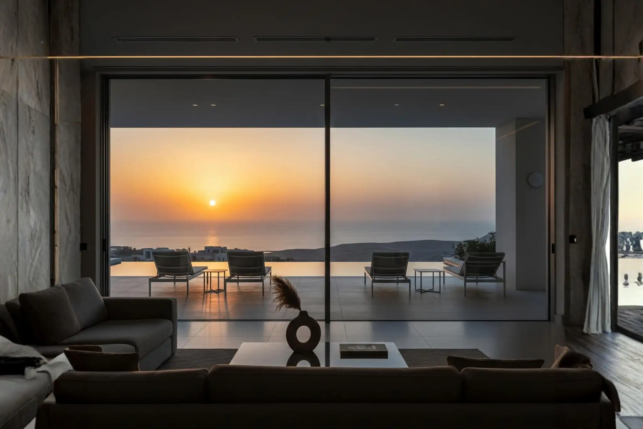 20mm slim frame sliding door Dubai, Low-E insulated glass, luxury sea view villa aluminum door UAE