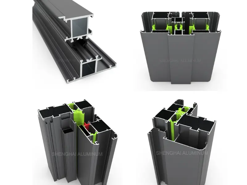 Four technical cross-section views of powder coated thermal break aluminum extrusion profiles manufactured by Shenghai Aluminum for windows and doors.