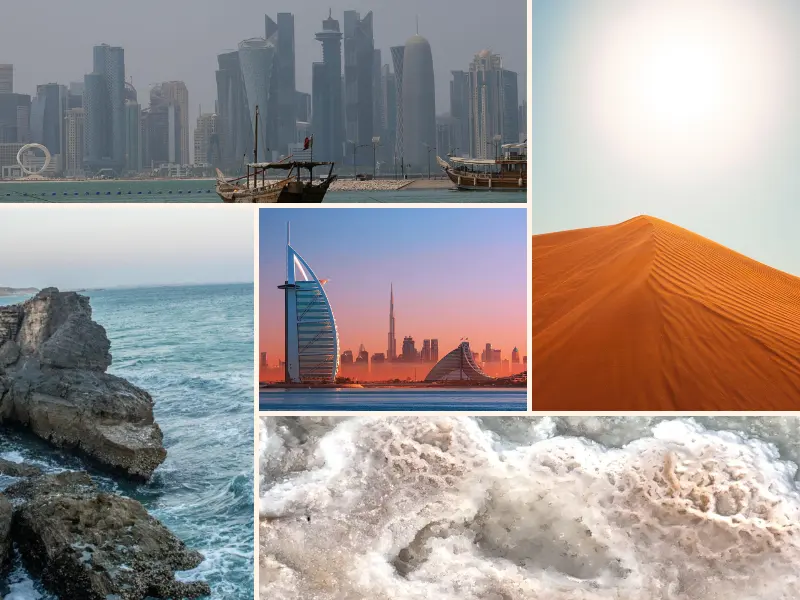 The harsh environment of the Persian Gulf featuring salt spray in Doha, extreme heat in Dubai, and desert sandstorms.
