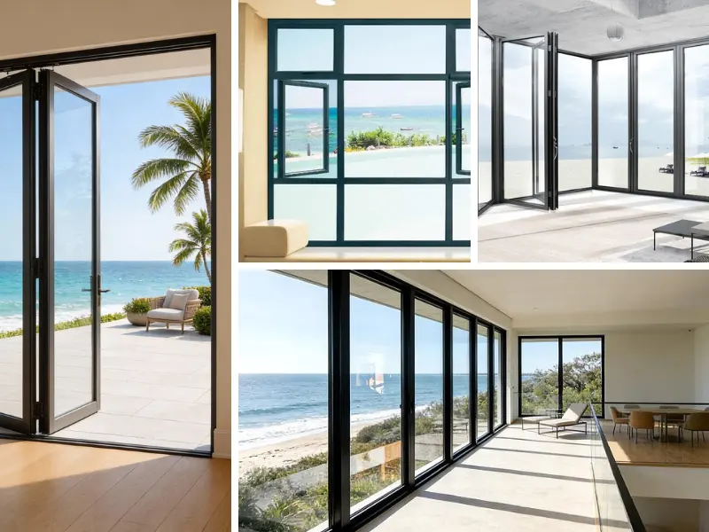 Luxury minimalist bifold and sliding aluminum doors for beachfront villas in Dubai and Qatar with ocean views.