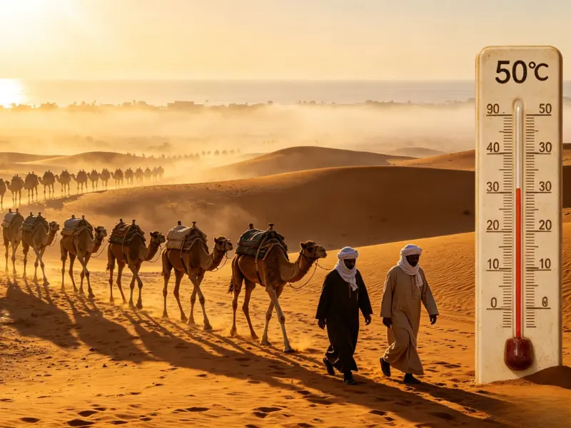 An outdoor thermometer showing 50 degrees Celsius in the Middle East desert with a camel caravan walking on sand dunes during sunset.