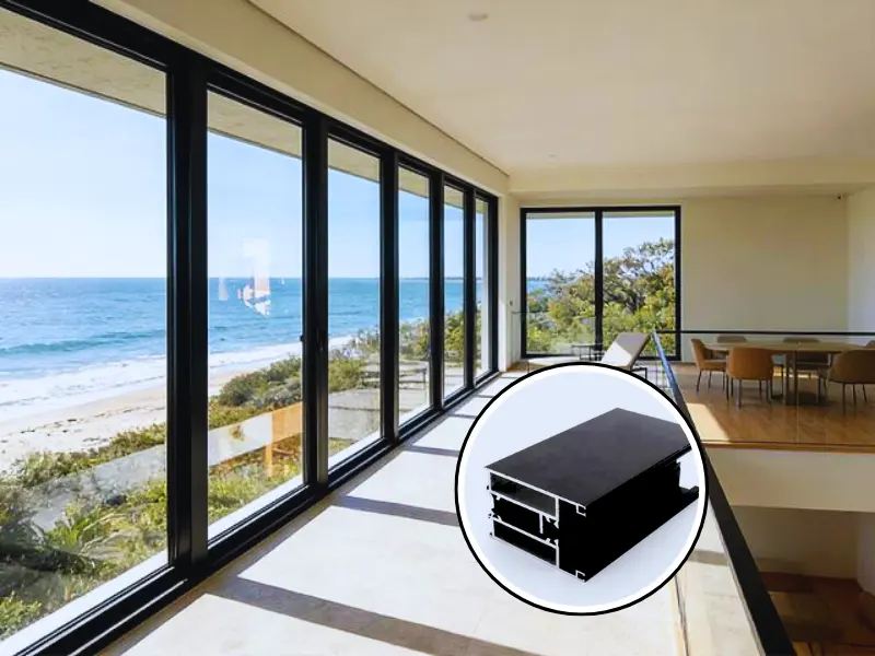 Cross-section of a black thermal break aluminum profile with energy-efficient insulation for high-temperature Gulf climates.