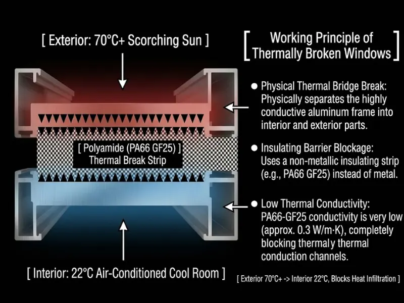 Infographic showing the working principle of a thermally broken window section with PA66 GF25 polyamide insulation strip blocking 70°C exterior heat from entering 22°C interior room.