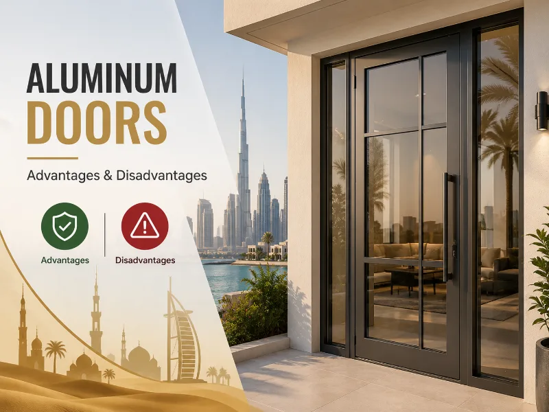 Modern aluminum door for villas and commercial buildings in Saudi Arabia, UAE, Bahrain, and other Gulf countries, illustrating the key advantages and disadvantages of aluminum doors.