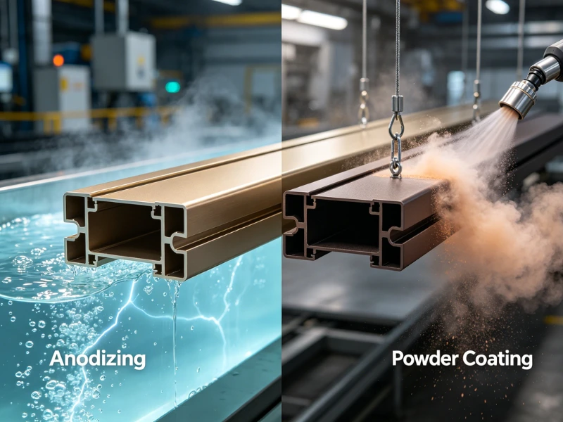 A professional industrial infographic comparing two primary surface treatments for aluminum profiles in the Middle East market. The left panel shows 'Anodizing' on a complex champagne-gold metallic profile (visualized from 70.webp) submerged in an active electrochemical bath with lightning bolt symbols. The right panel displays 'Powder Coating' on an identical textured deep bronze profile (visualized from 69.webp) being sprayed with vibrant fine powder particles from an automatic electrostatic gun. Both sections are clearly labeled. This visual reference is an ideal tool for B2B clients looking at the SH-EXTRUSION catalog for projects in Saudi Arabia, UAE, Oman, and Qatar.