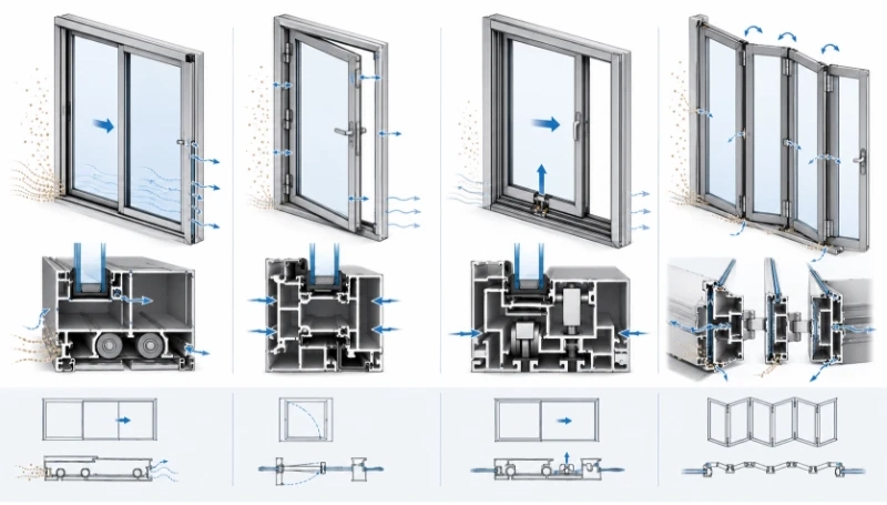 Semi-isometric technical architectural diagram providing a horizontal comparison of the cross-sectional structures of four aluminum window and door profiles: sliding, casement, lift and slide, and bifold systems. Arrows visually indicate the sealing methods, air leakage paths, and potential dust entry points for each system.