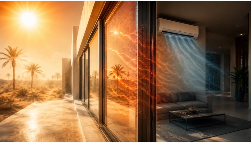 3D architectural rendering of an aluminum window and door system successfully blocking extreme desert heat waves from the outside while maintaining indoor air conditioning circulation. The image visually contrasts the massive temperature difference using orange and blue energy waves.