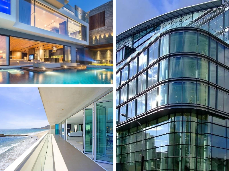 Anodized aluminum windows and doors for luxury coastal villas in Bahrain, showing large floor-to-ceiling windows, folding doors and curved glass curtain wall