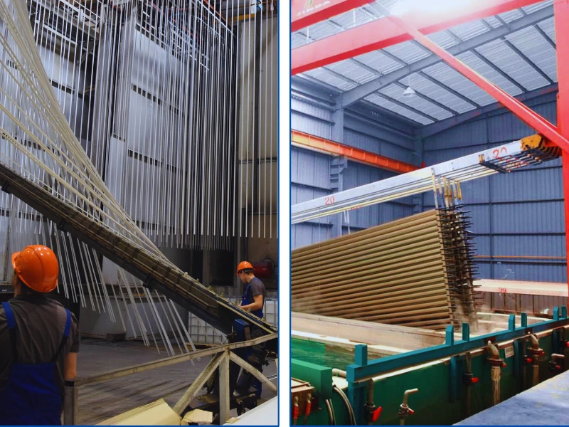 A dynamic dual-panel photograph collage inside a large-scale aluminum extrusion and anodizing plant processing dynamic industrial aluminum profiles. The left panel features a worker in an orange hard hat and blue coveralls watch a long vertical array of hanging aluminum profiles on a production line. The right image shows bundles of profiles being lifted by a large overhead crane from a processing or washing tank. This realistic depiction reinforces the professional industrial capability and scale detailed in the SH-EXTRUSION catalog for Middle East clients.