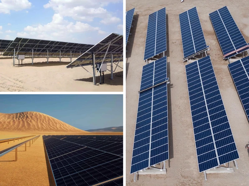 Large-scale solar PV panels on aluminum mounting structures in the extreme desert environment of Saudi Arabia