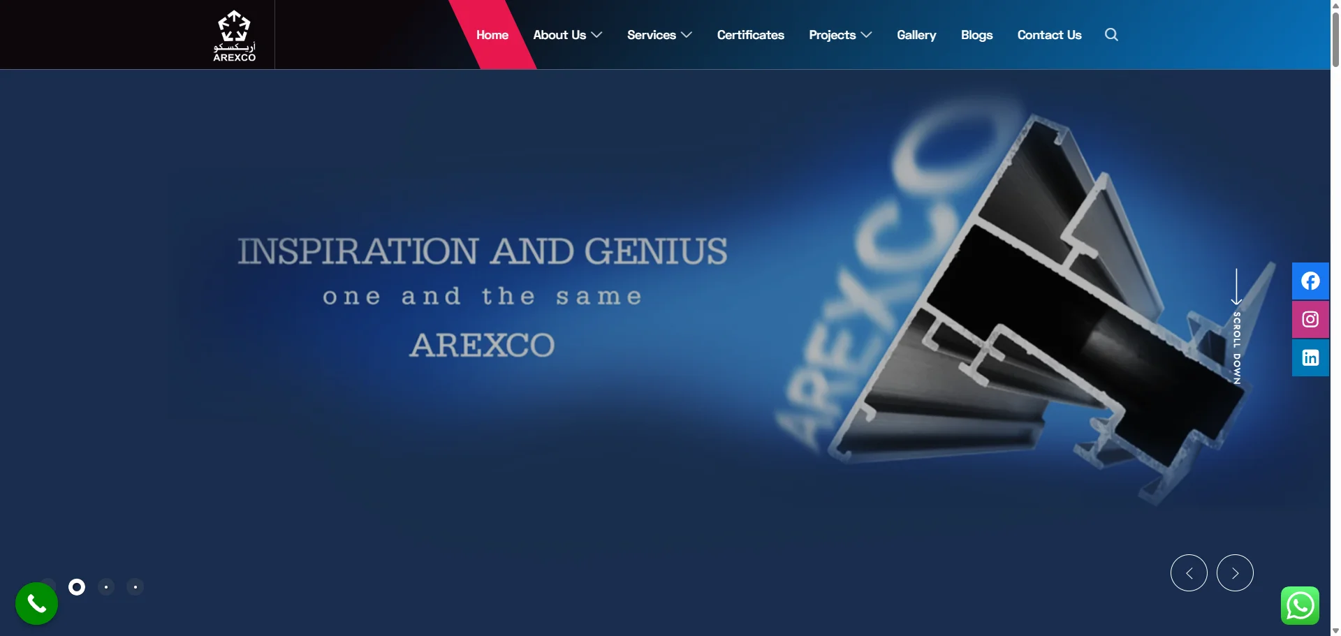 Arabian Extrusions Factory (AREXCO) website homepage displaying a highly complex, custom-engineered architectural aluminum profile cross-section.