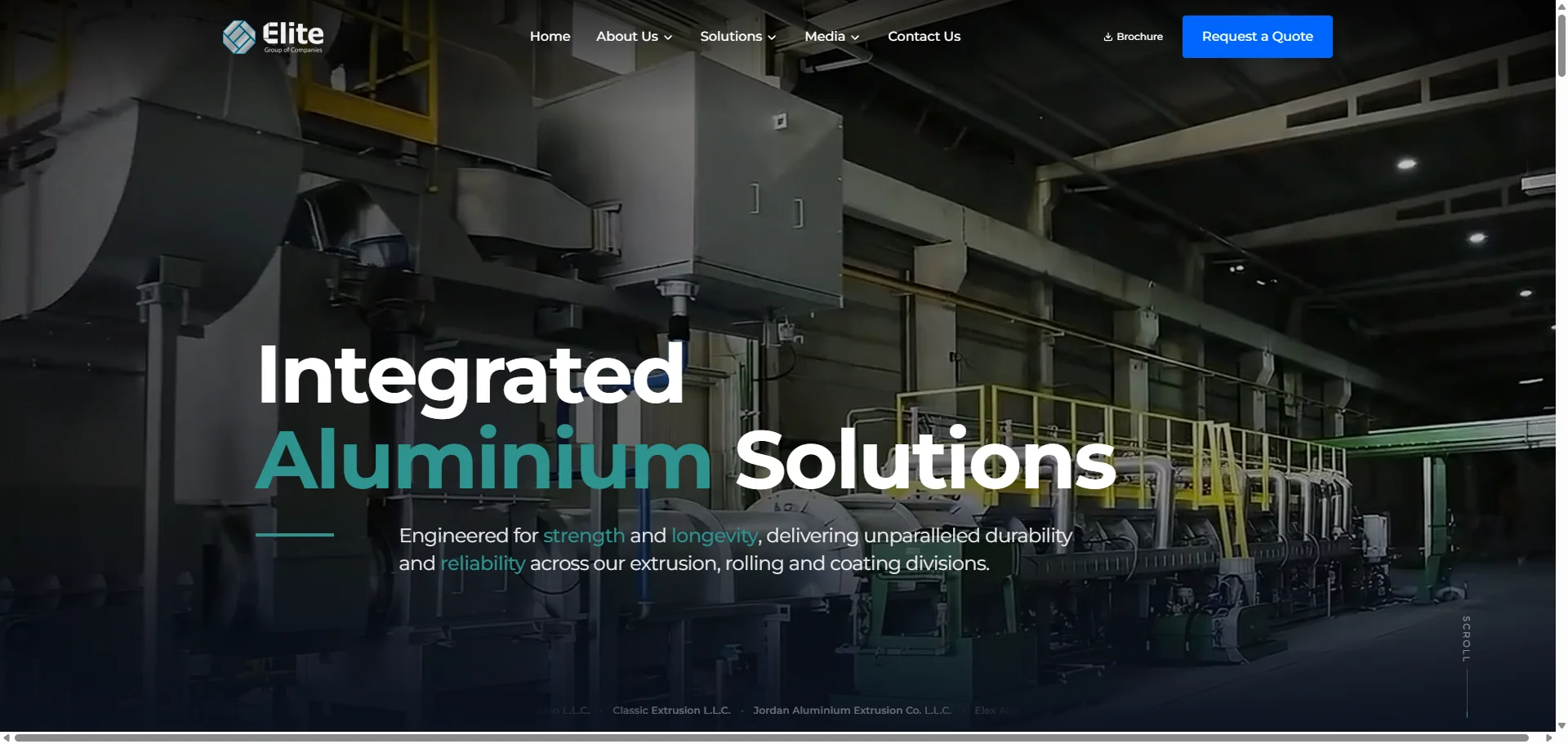 Elite Group of Companies website homepage showcasing their massive integrated aluminum extrusion and rolling production line.