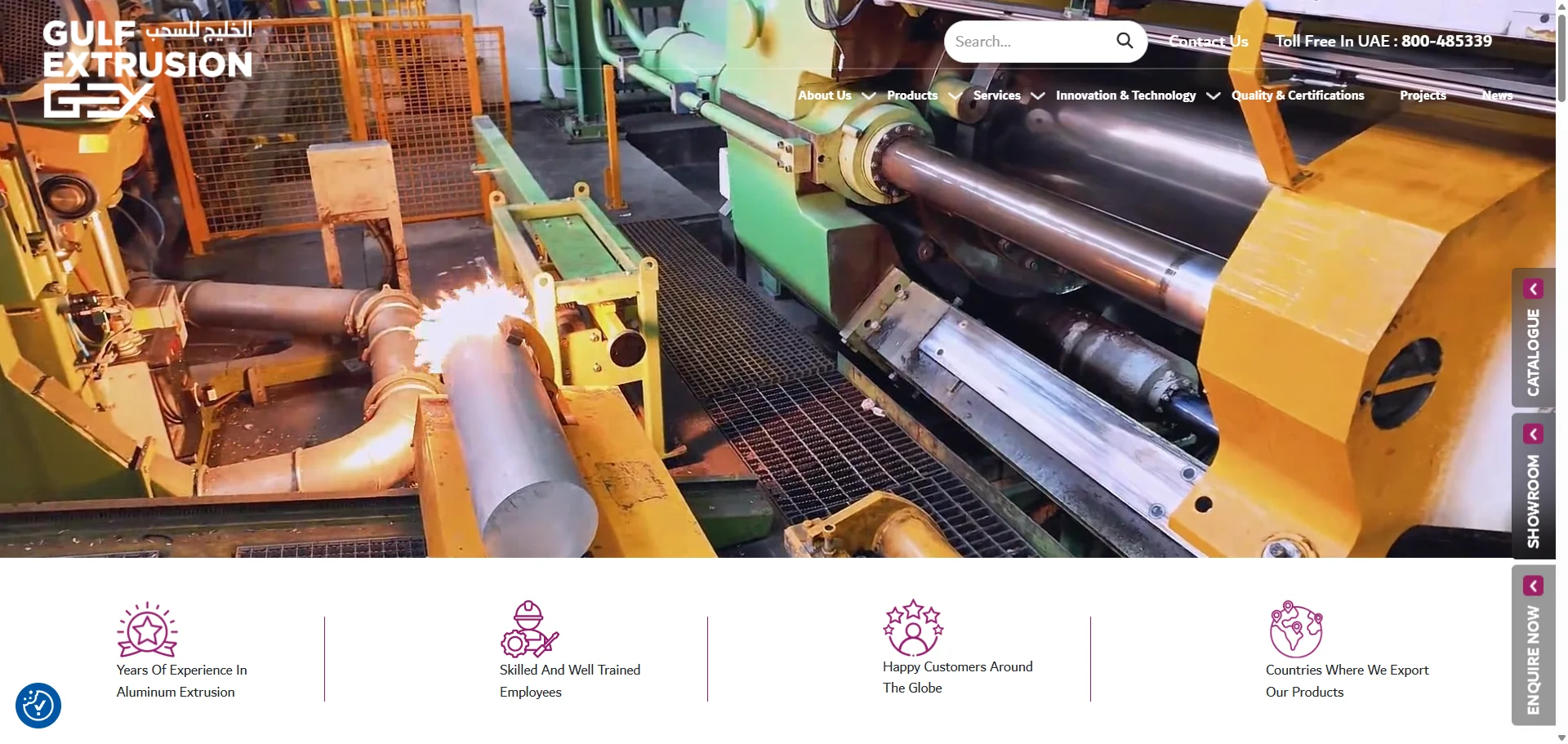 Gulf Extrusions website homepage featuring a glowing hot aluminum billet being processed through a heavy-duty industrial extrusion press in Dubai.