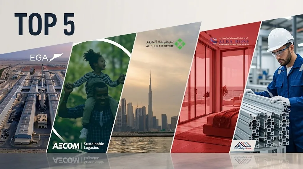 صورة الغلاف لأفضل 5 شركات ألومنيوم في أبو ظبي (2026) والتي تضم مجموعة من شركات EGA و AECOM و Al Ghurair و Alba Rose و Al Khalidiya Group، والتي تعرض صهر الألومنيوم والهندسة المستدامة وتصنيع البثق.