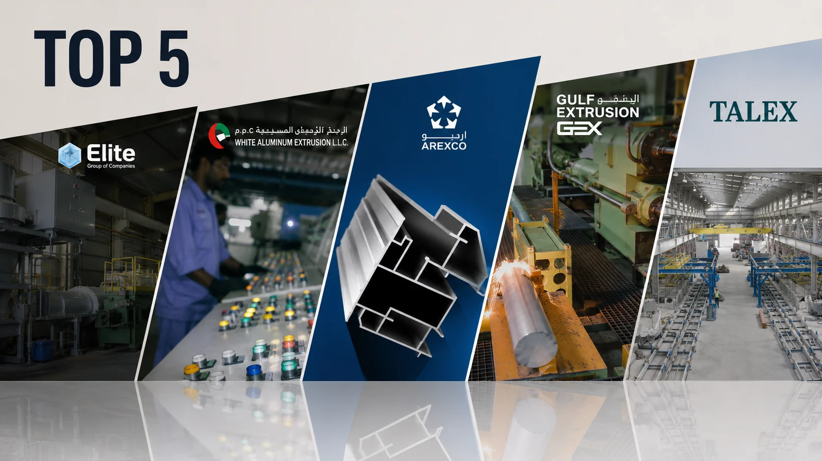 Cover image showcasing the Top 5 leading aluminum extrusion companies in the UAE: Elite Group, White Aluminum Extrusion, AREXCO, Gulf Extrusions, and TALEX.