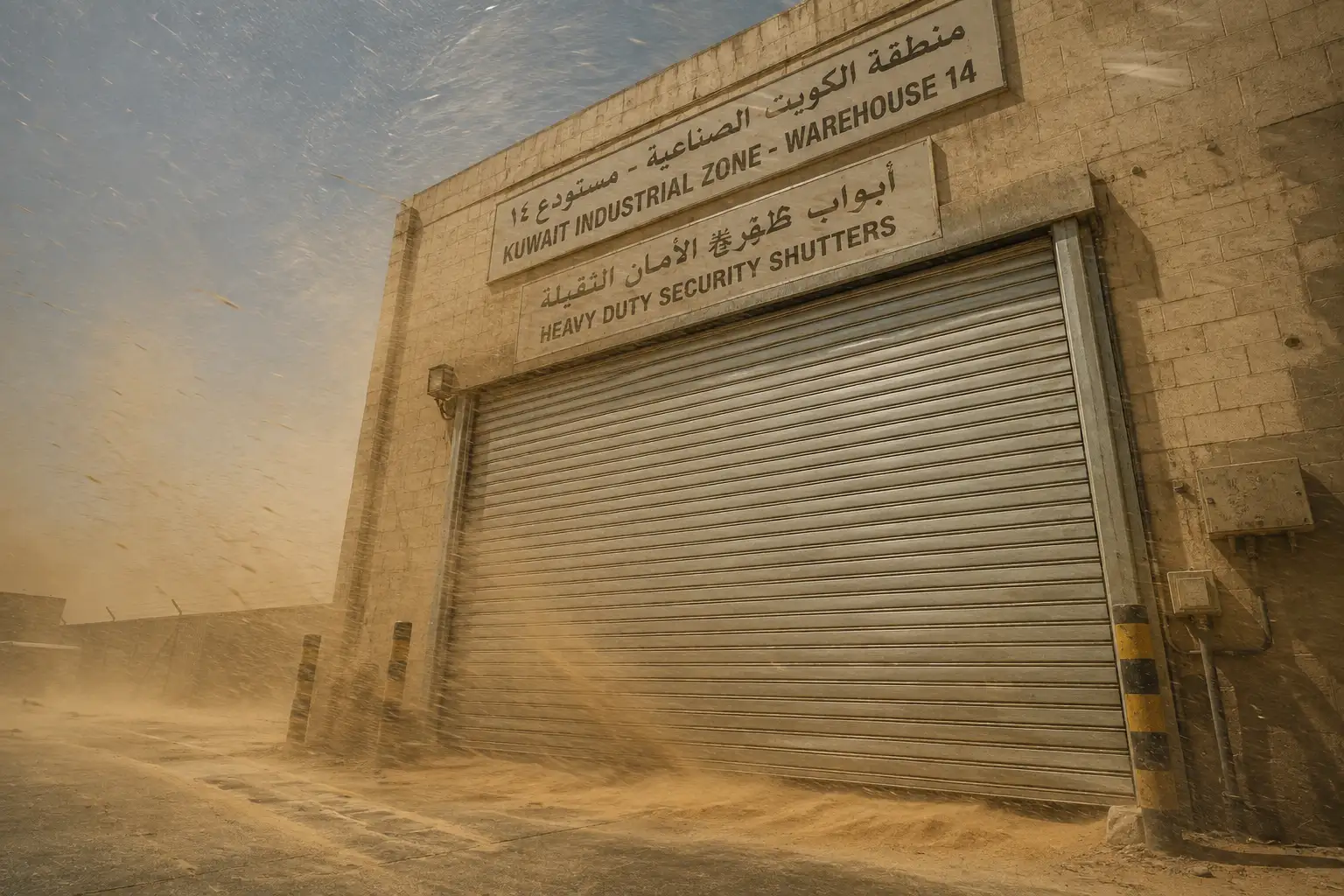 Heavy duty security roller shutter installed on a warehouse in Kuwait Industrial Zone during a sandstorm.