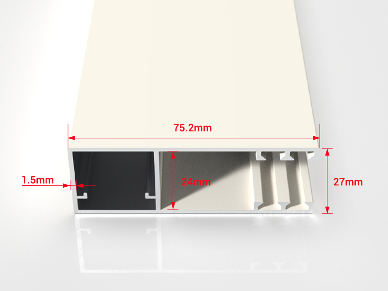 Cross-section technical drawing and dimensions of a 75.2mm aluminum roller shutter extrusion profile for Kuwait market.