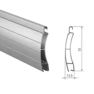 3D render and CAD cross-section drawing of a 55mm double-walled extruded aluminum roller shutter slat.