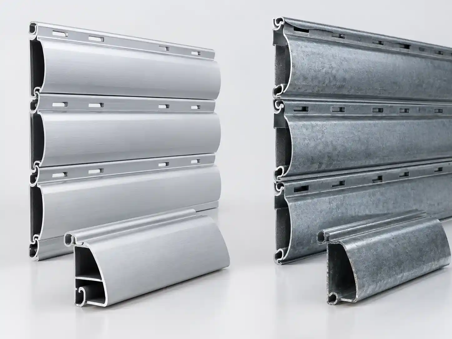 Side-by-side comparison of double-walled extruded aluminum and galvanized steel roller shutter slats.