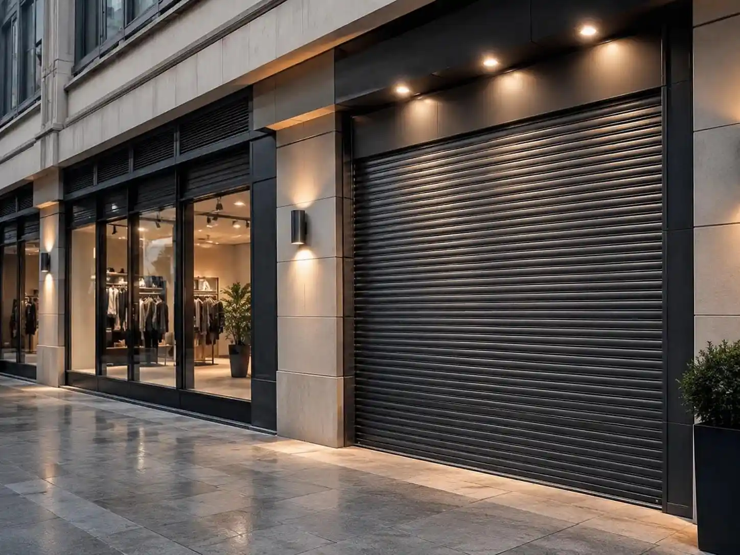 Modern retail storefront secured by a sleek black custom aluminum roller shutter at night.