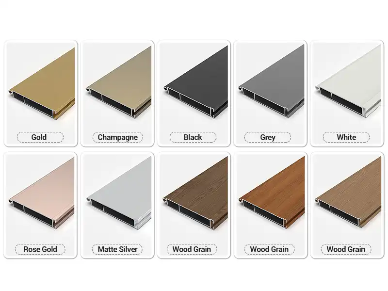 SH-EXTRUSION aluminum roller shutter profile color options including gold, champagne, black, grey, white, rose gold, matte silver, and wood grain finishes for Middle East architectural projects